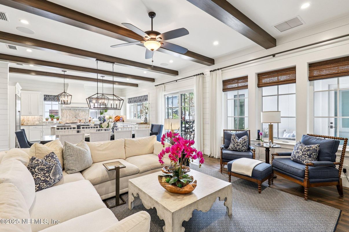 Dining room, Interior, Living room, Pendant Lights, Recessed Lighting, Wooden Beams, Wood Texture Flooring