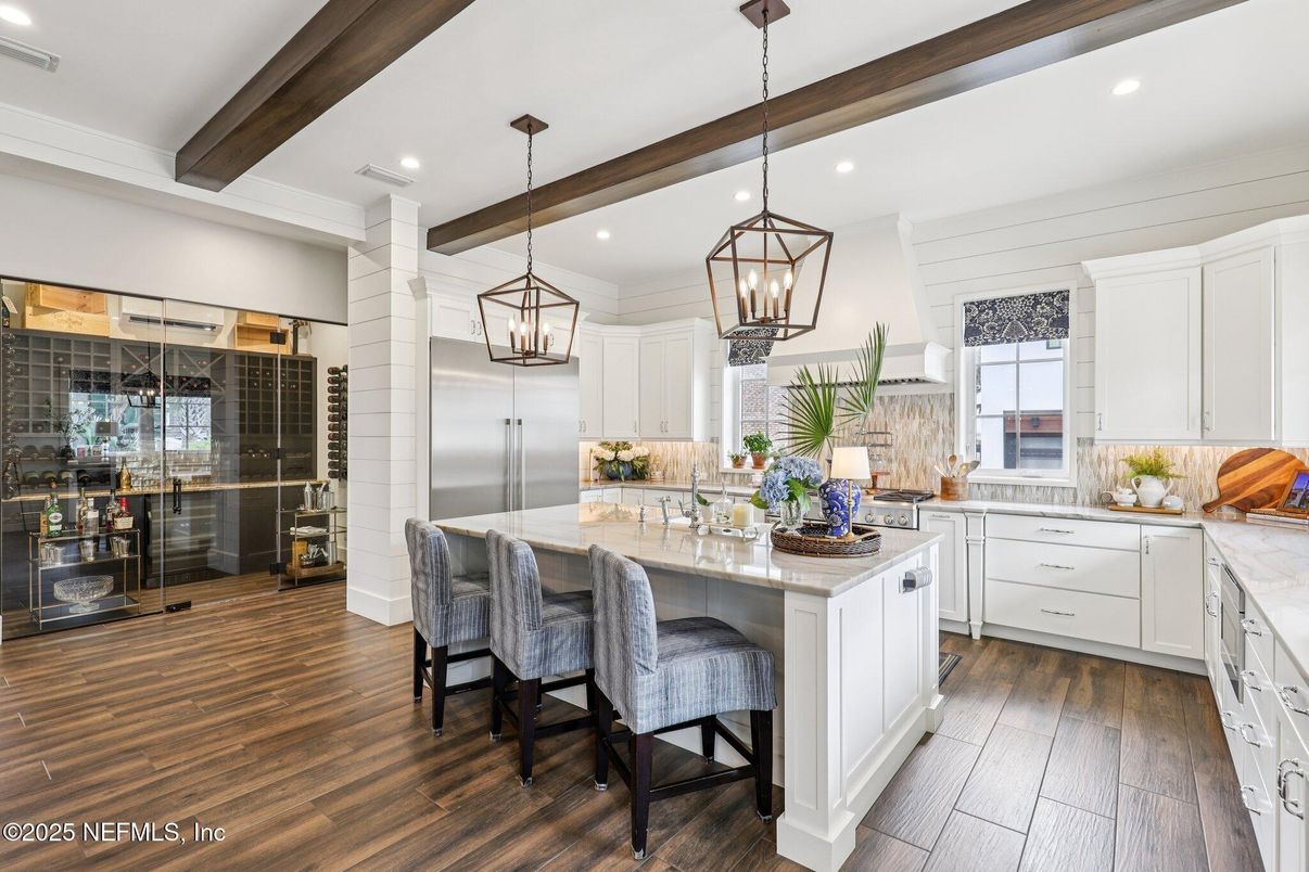 Interior, Kitchen, Pendant Lights, Recessed Lighting, Stainless Steel Appliances, Wooden Beams, Wood Texture Flooring