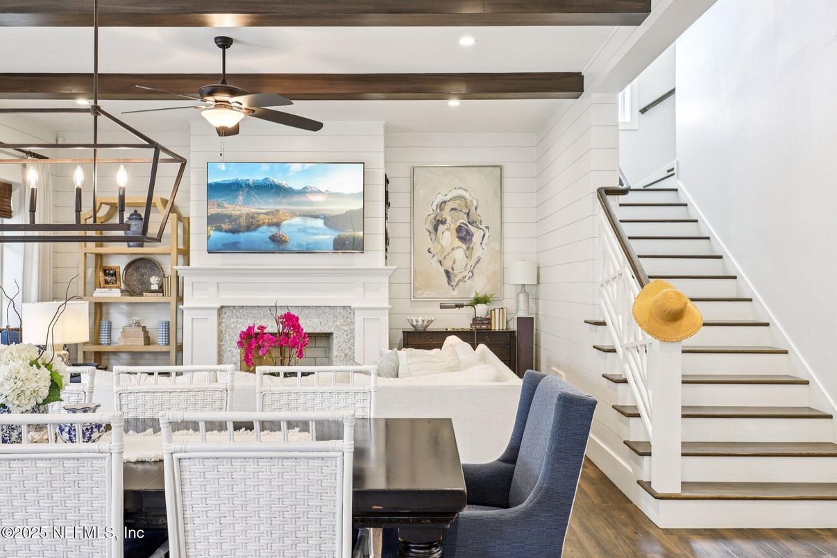 Fireplace, Interior, Living room, Piano, Recessed Lighting, Wooden Beams, Wood Texture Flooring