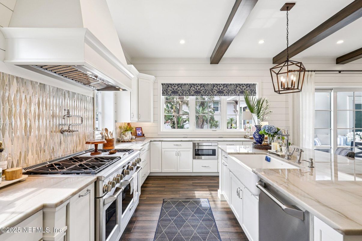 Interior, Kitchen, Pendant Lights, Recessed Lighting, Stainless Steel Appliances, Wooden Beams, Wood Texture Flooring