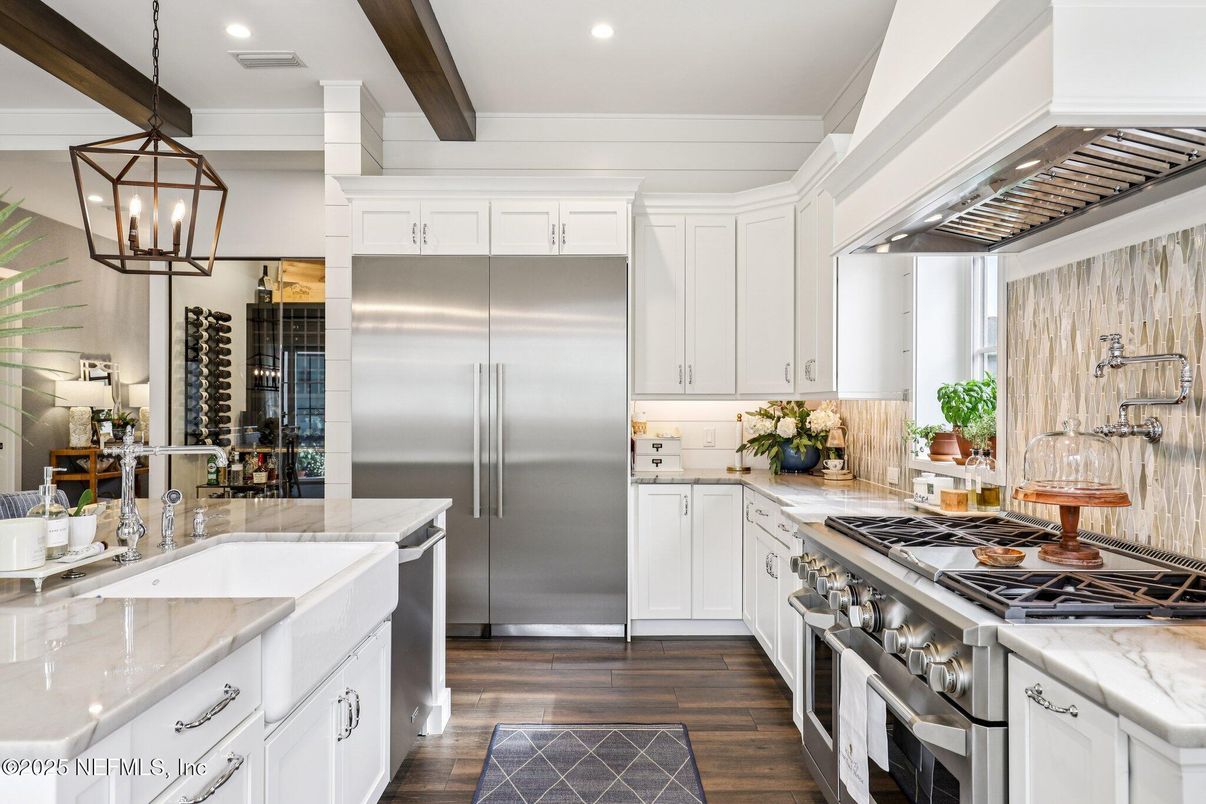 Interior, Kitchen, Pendant Lights, Recessed Lighting, Stainless Steel Appliances, Wooden Beams, Wood Texture Flooring