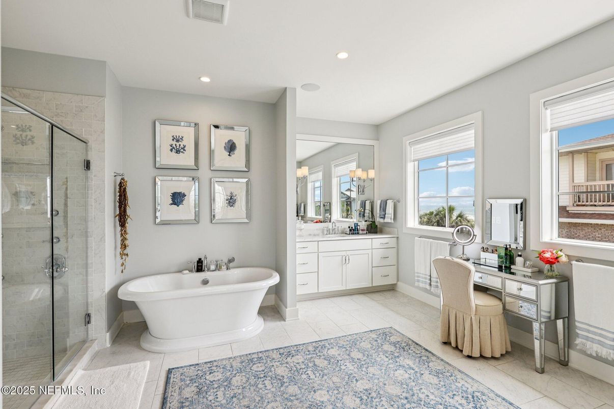 Bathroom, Dual Sink Vanities, Free Standing Baths, Glass Shower, Interior, Recessed Lighting