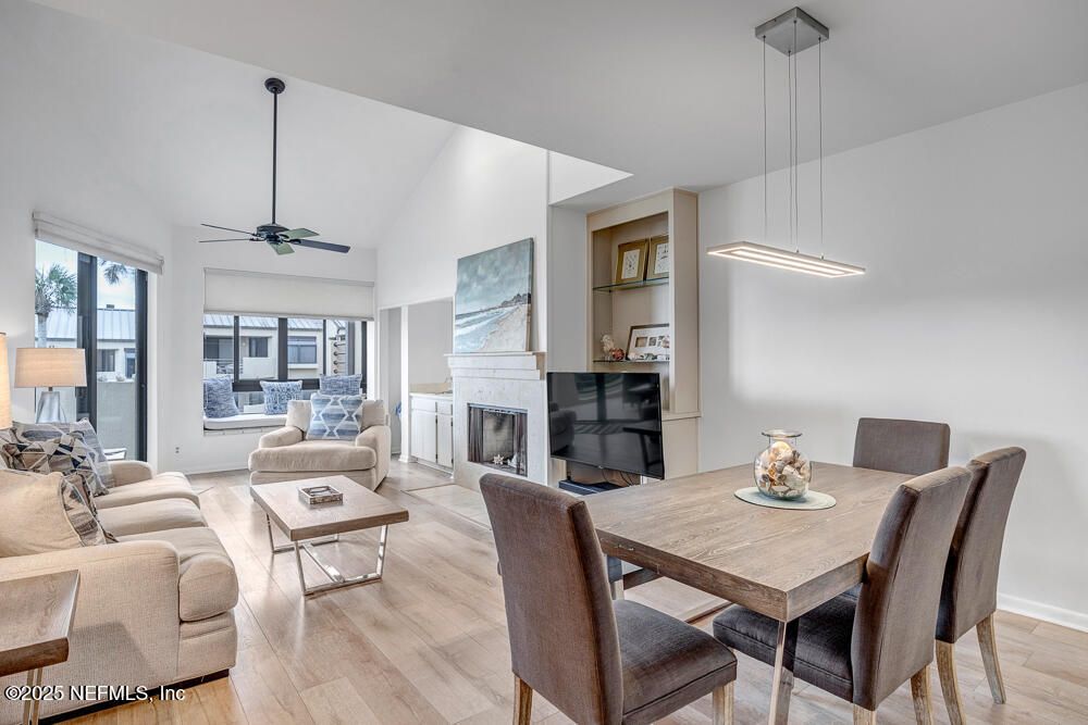 Dining room, Fireplace, Interior, Living room, Pendant Lights, Wood Texture Flooring