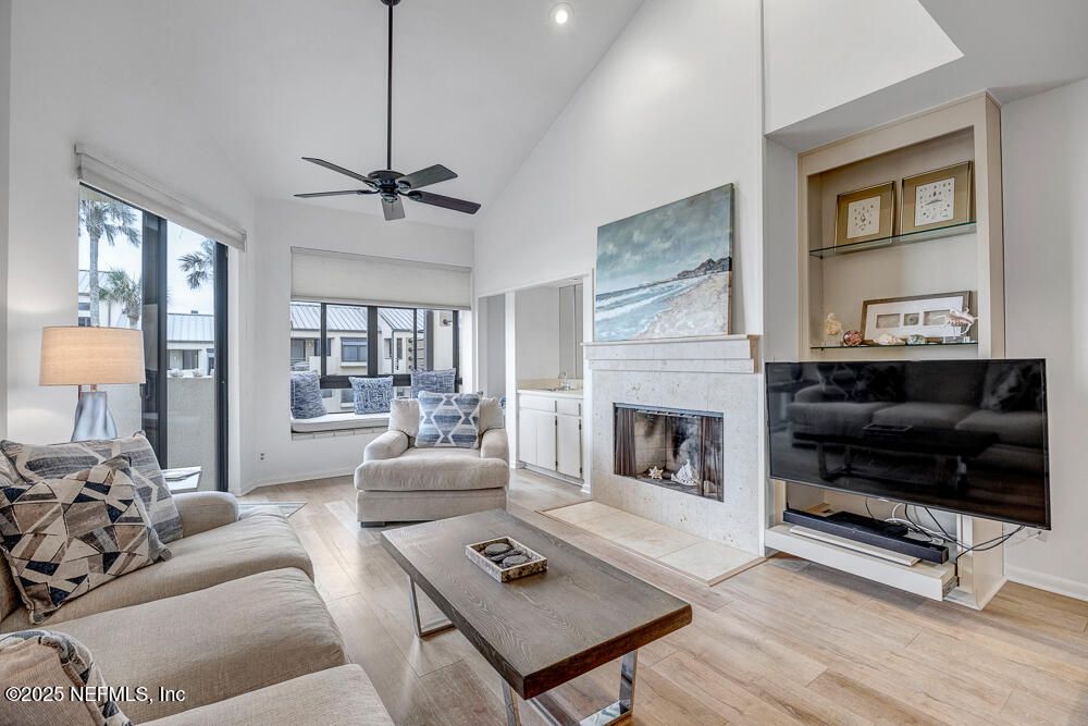 Fireplace, Interior, Living room, Recessed Lighting, Wood Texture Flooring