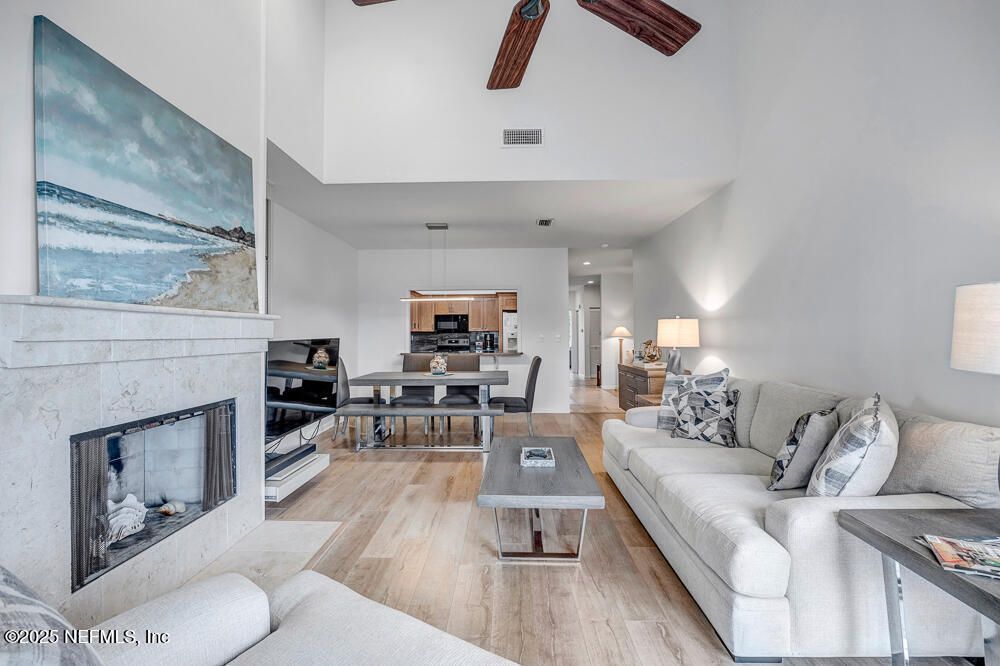 Dining room, Fireplace, Interior, Kitchen, Living room, Pendant Lights, Recessed Lighting, Wood Texture Flooring