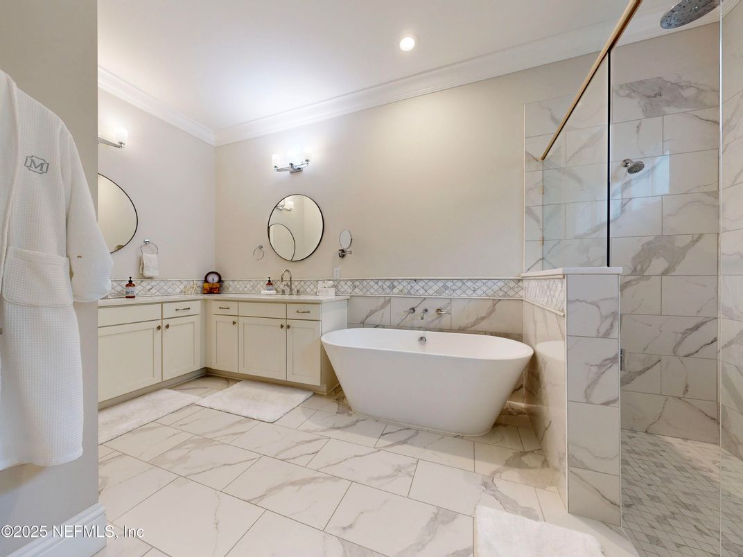 Bathroom, Dual Sink Vanities, Free Standing Baths, Interior, Marble, Marble Walls, Recessed Lighting