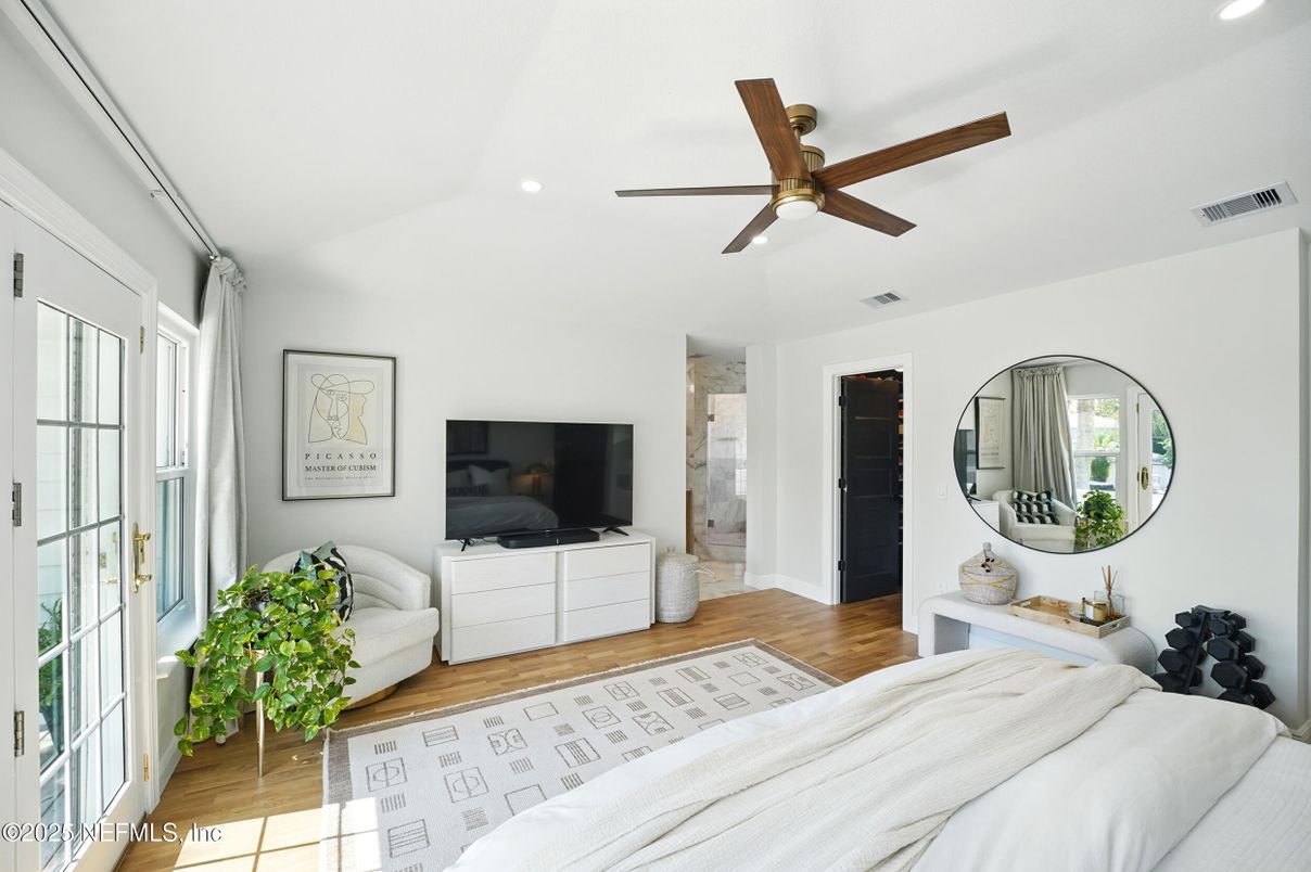 Bedroom, Interior, Recessed Lighting, Wood Texture Flooring