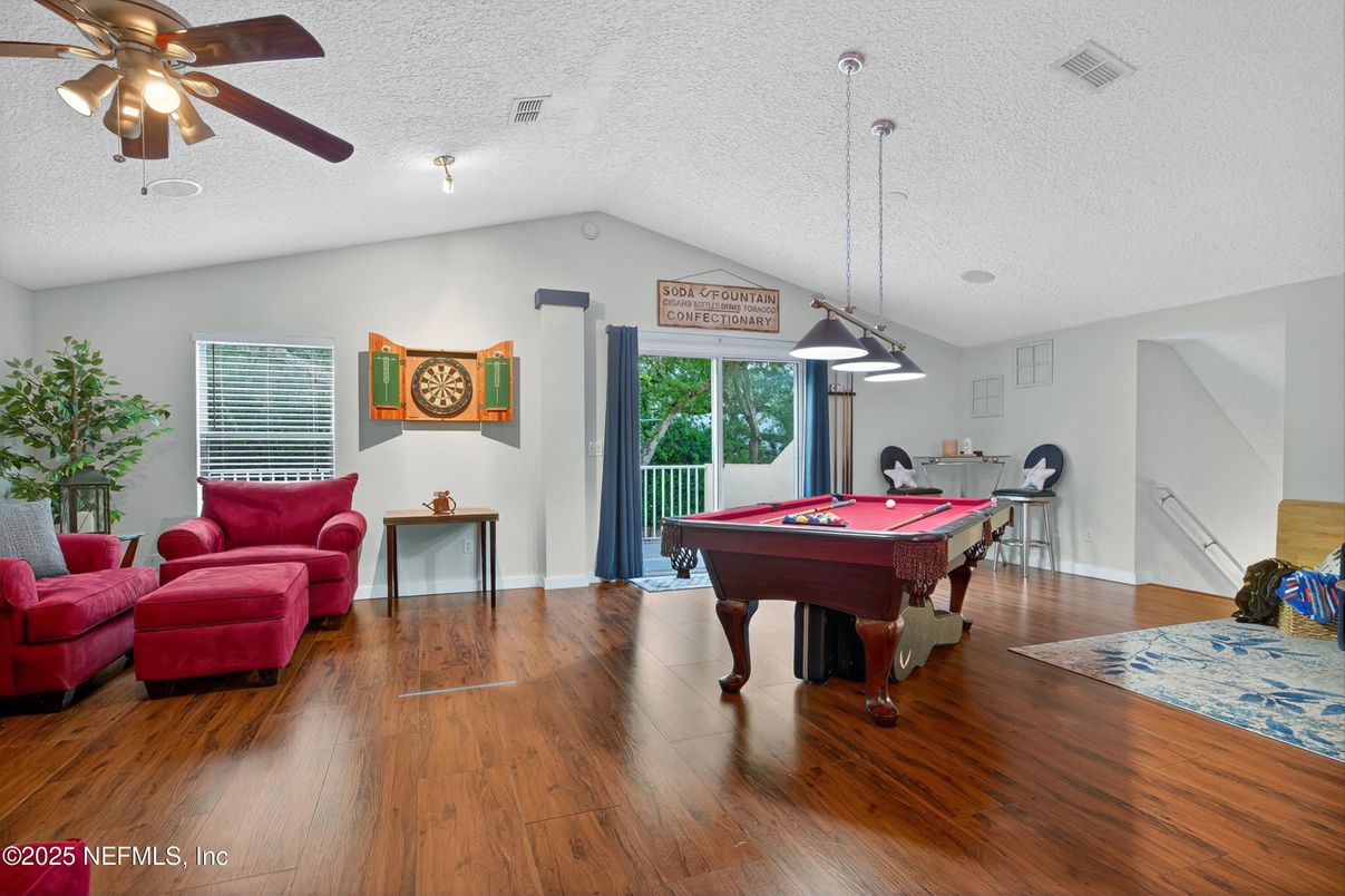 Billiard Table, Game Room, Interior, Pendant Lights, Wood Texture Flooring