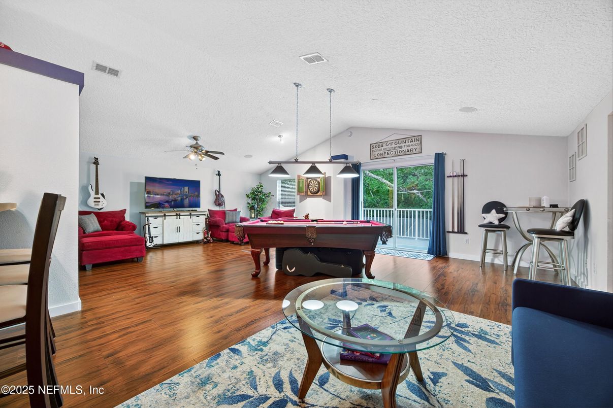 Billiard Table, Game Room, Interior, Pendant Lights, Wood Texture Flooring