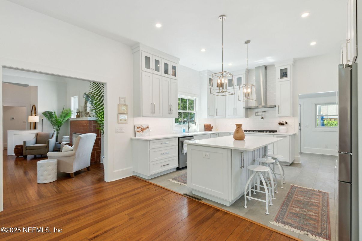 Interior, Kitchen, Pendant Lights, Recessed Lighting, Stainless Steel Appliances, Wood Texture Flooring