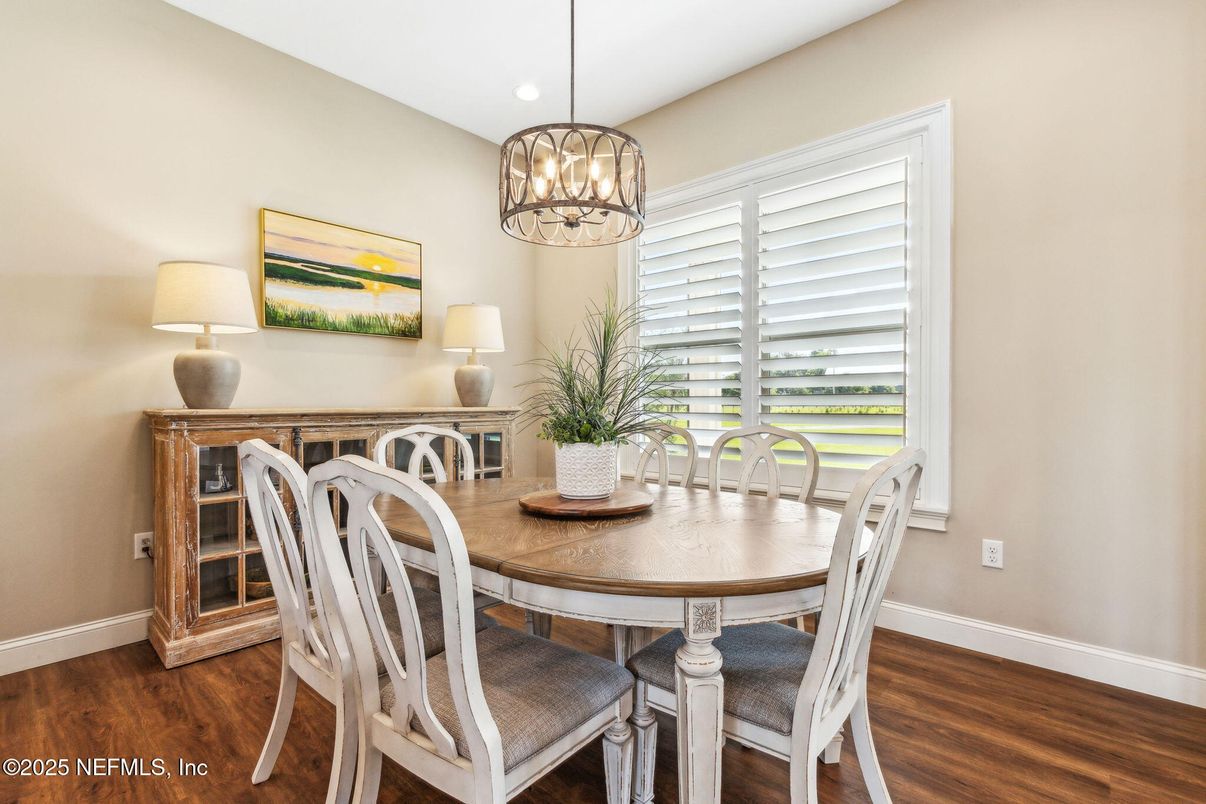 Dining room, Interior, Pendant Lights, Recessed Lighting, Wood Texture Flooring