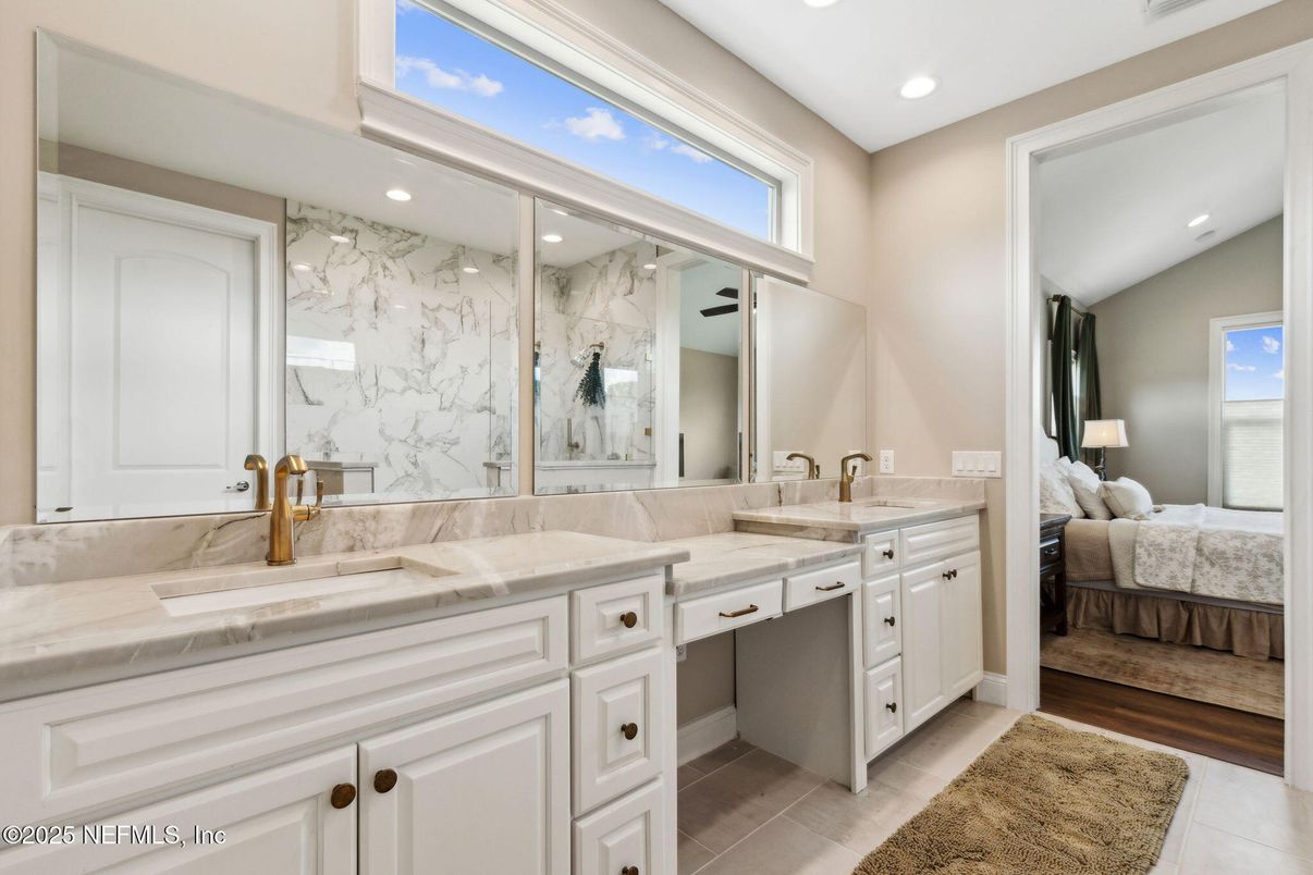 Bathroom, Bedroom, Dual Sink Vanities, Interior, Marble Walls, Recessed Lighting, Wood Texture Flooring