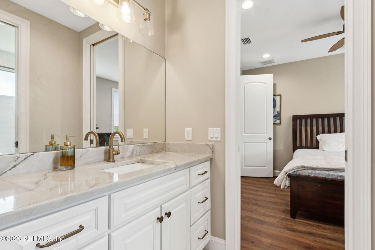 Bathroom, Bedroom, Dual Sink Vanities, Interior, Recessed Lighting, Wood Texture Flooring