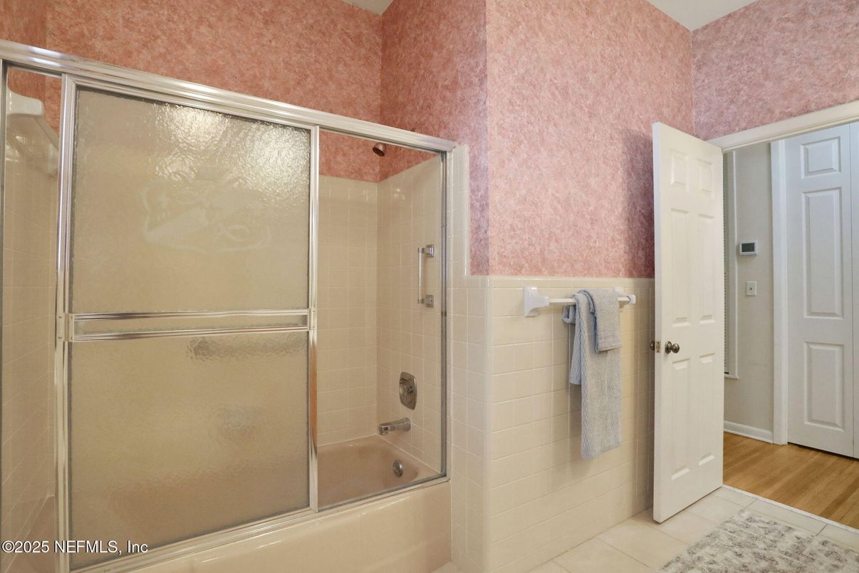 Bathroom, Glass Shower, Interior, Wood Texture Flooring
