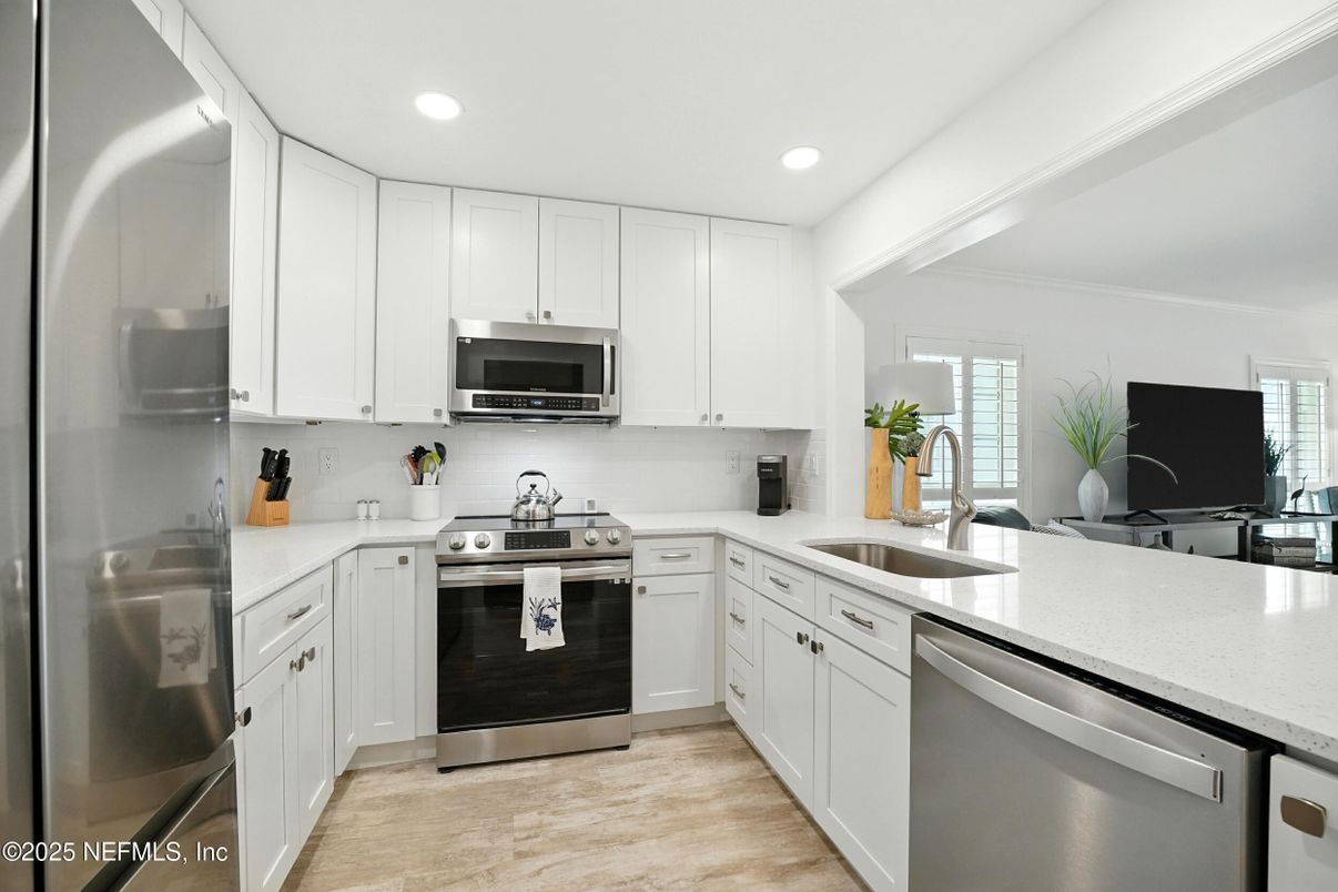 Interior, Kitchen, Recessed Lighting, Stainless Steel Appliances, Wood Texture Flooring