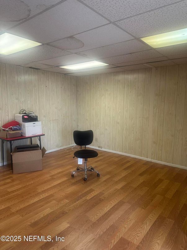 Home Office, Interior, Recessed Lighting, Wood Texture Flooring, Wooden Walls