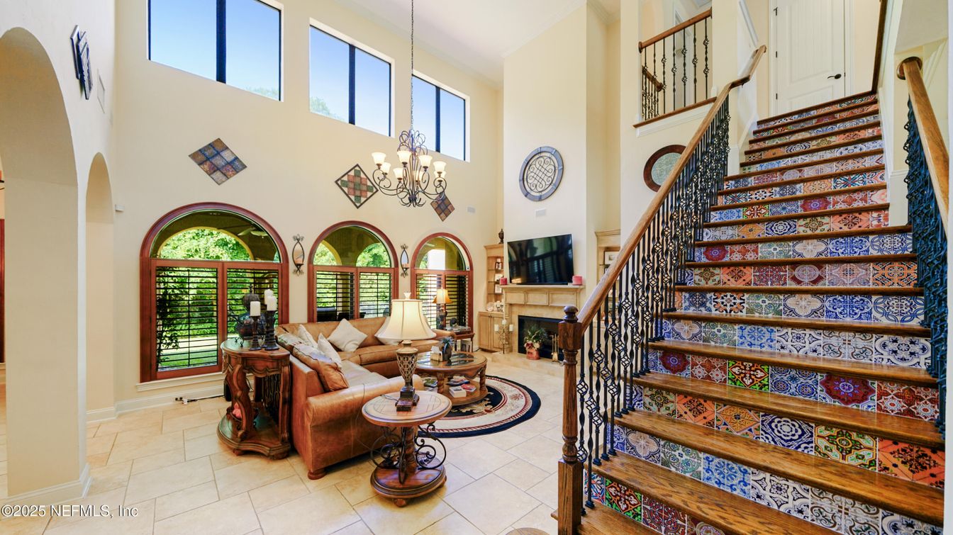 Chandelier, Fireplace, Interior, Living room