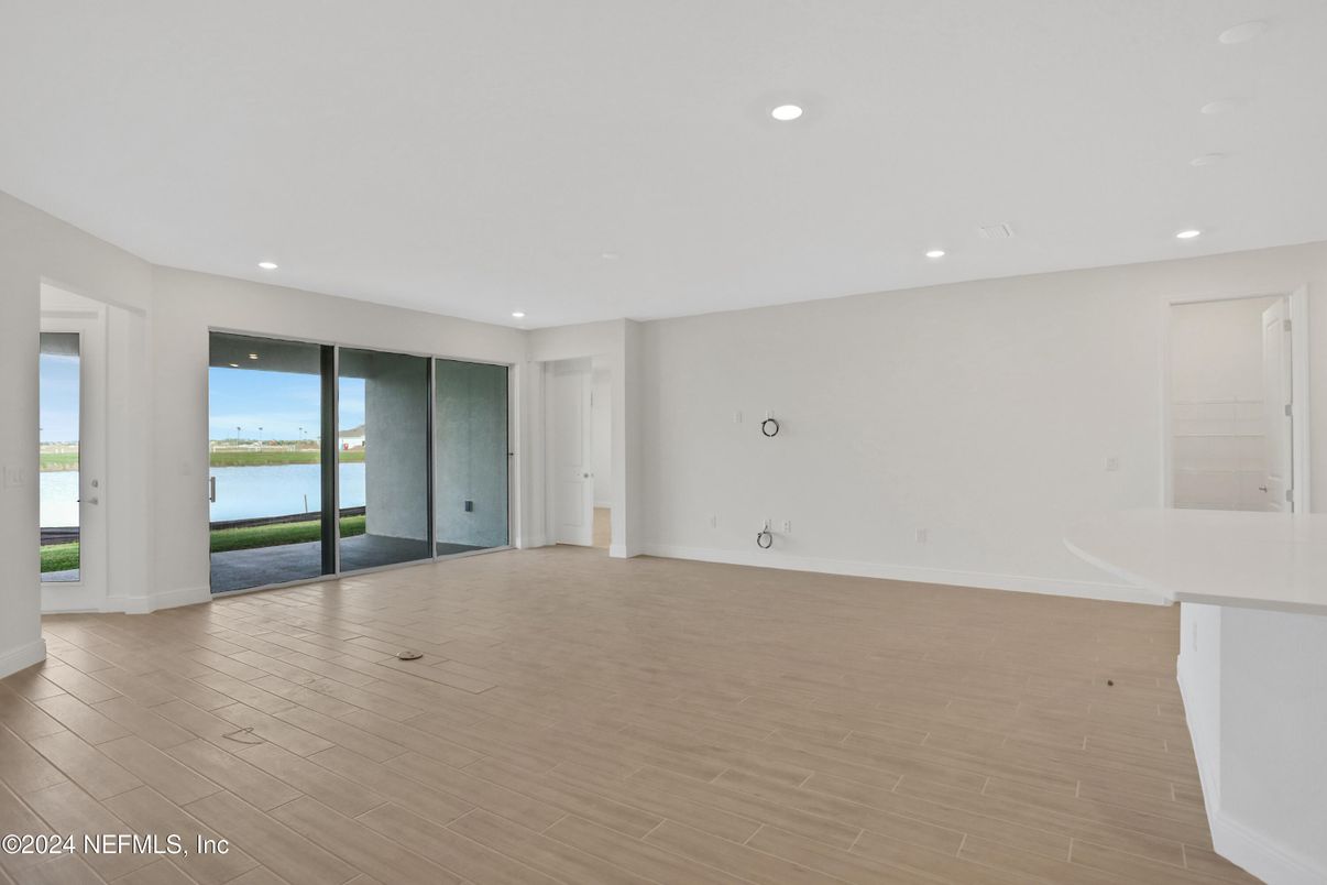 Empty room, Interior, Recessed Lighting, Water, Wood Texture Flooring