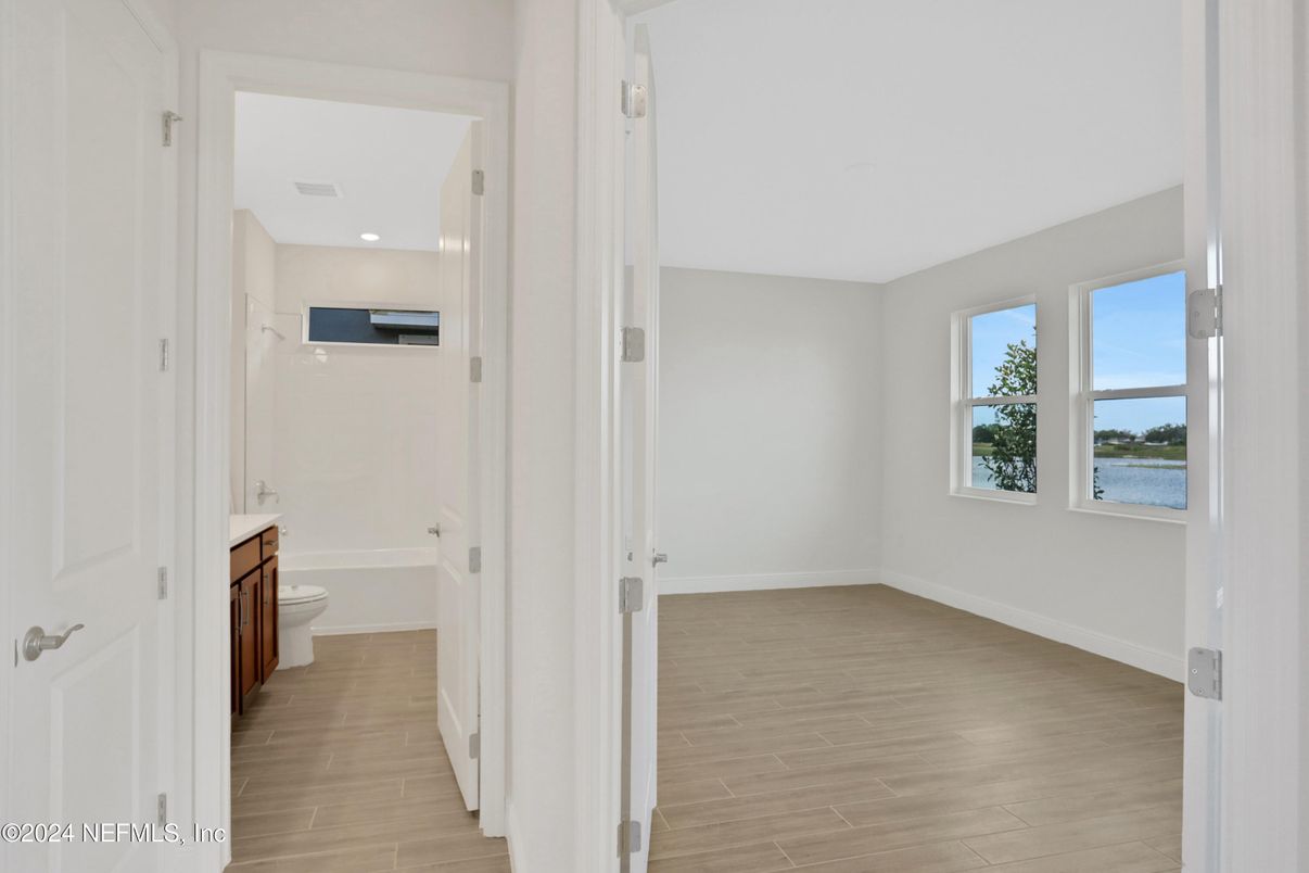 Bathroom, Interior, Recessed Lighting, Water, Wood Texture Flooring