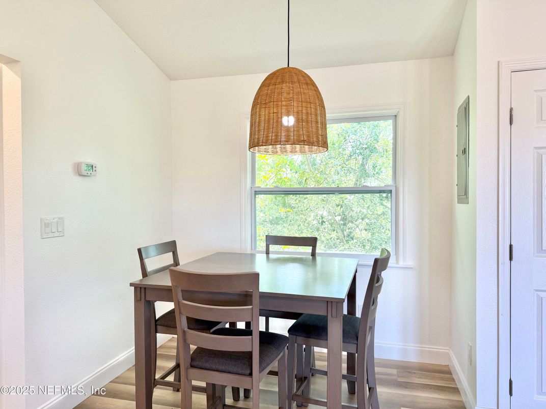 Dining room, Interior, Pendant Lights, Wood Texture Flooring