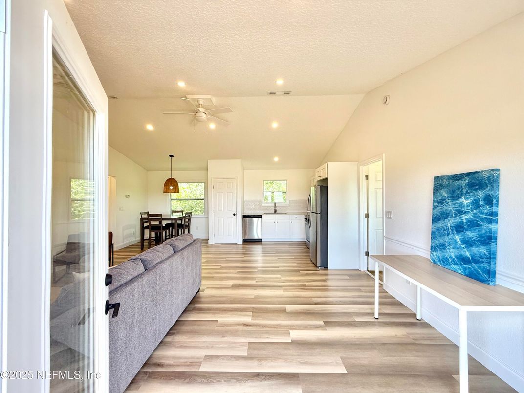 Dining room, Interior, Pendant Lights, Recessed Lighting, Wood Texture Flooring