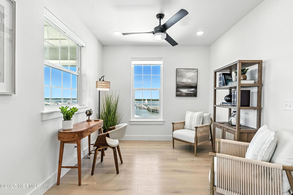Home Office, Interior, Recessed Lighting, Water, Wood Texture Flooring