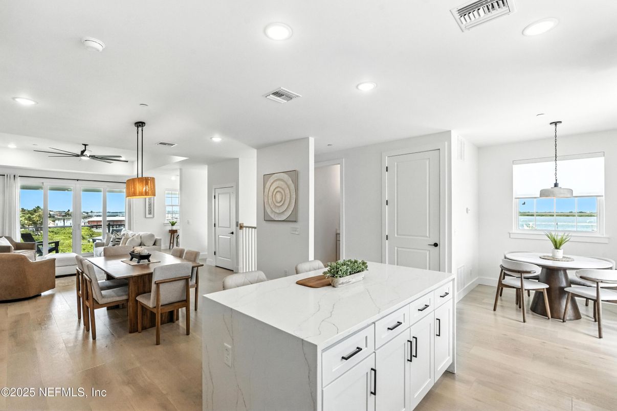 Dining room, Interior, Kitchen, Living room, Pendant Lights, Recessed Lighting, Water, Wood Texture Flooring