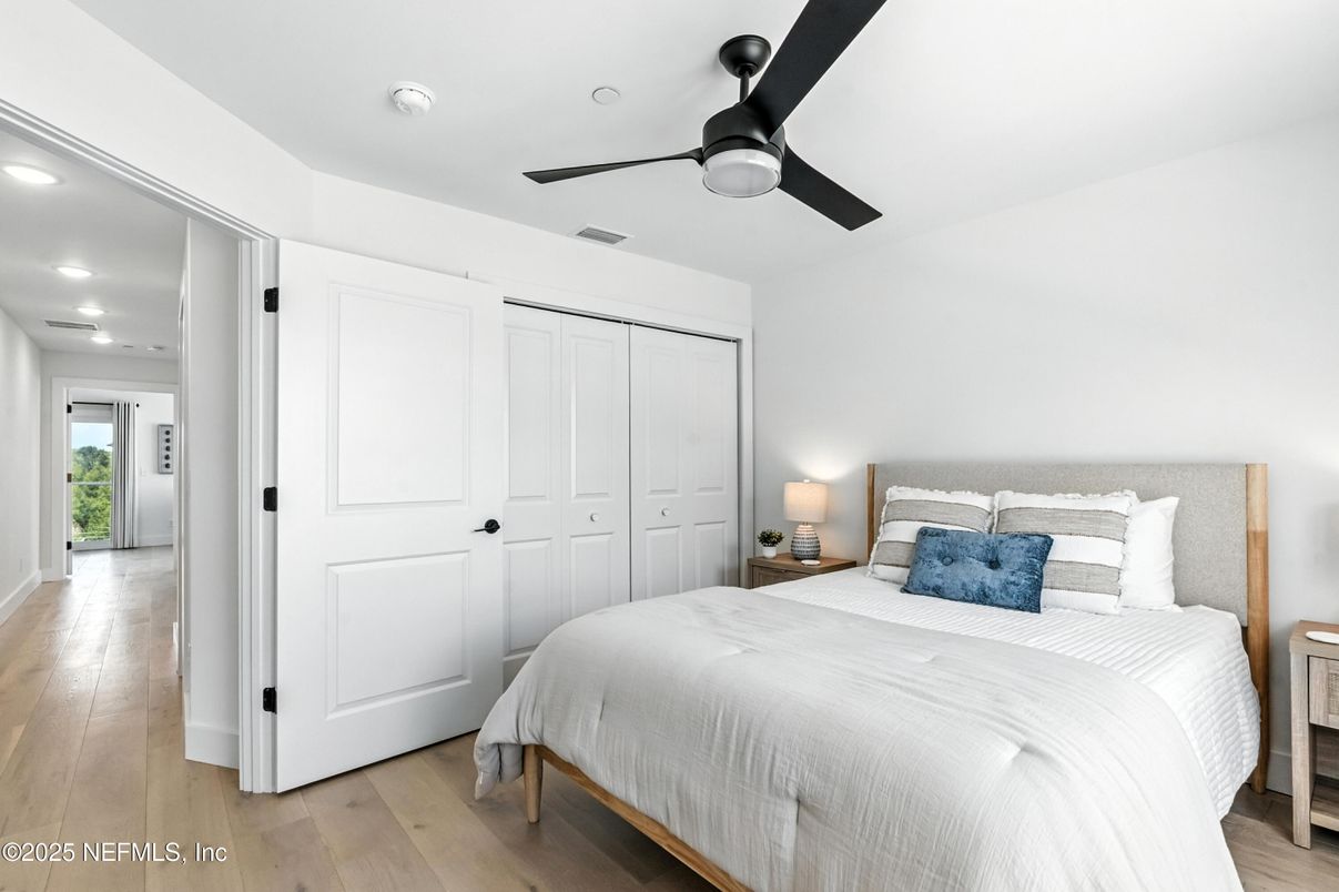 Bedroom, Interior, Recessed Lighting, Wood Texture Flooring