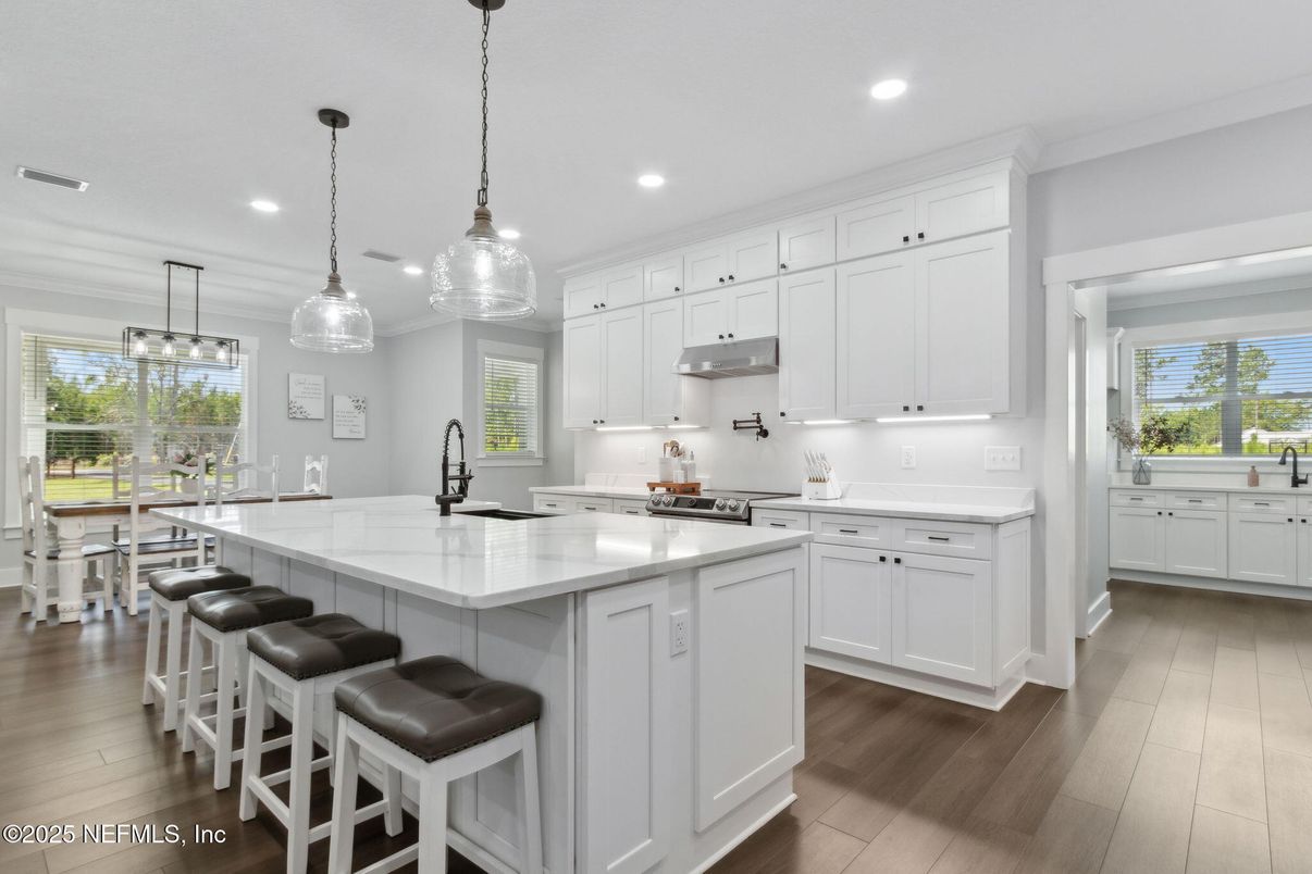 Interior, Kitchen, Pendant Lights, Recessed Lighting, Wood Texture Flooring