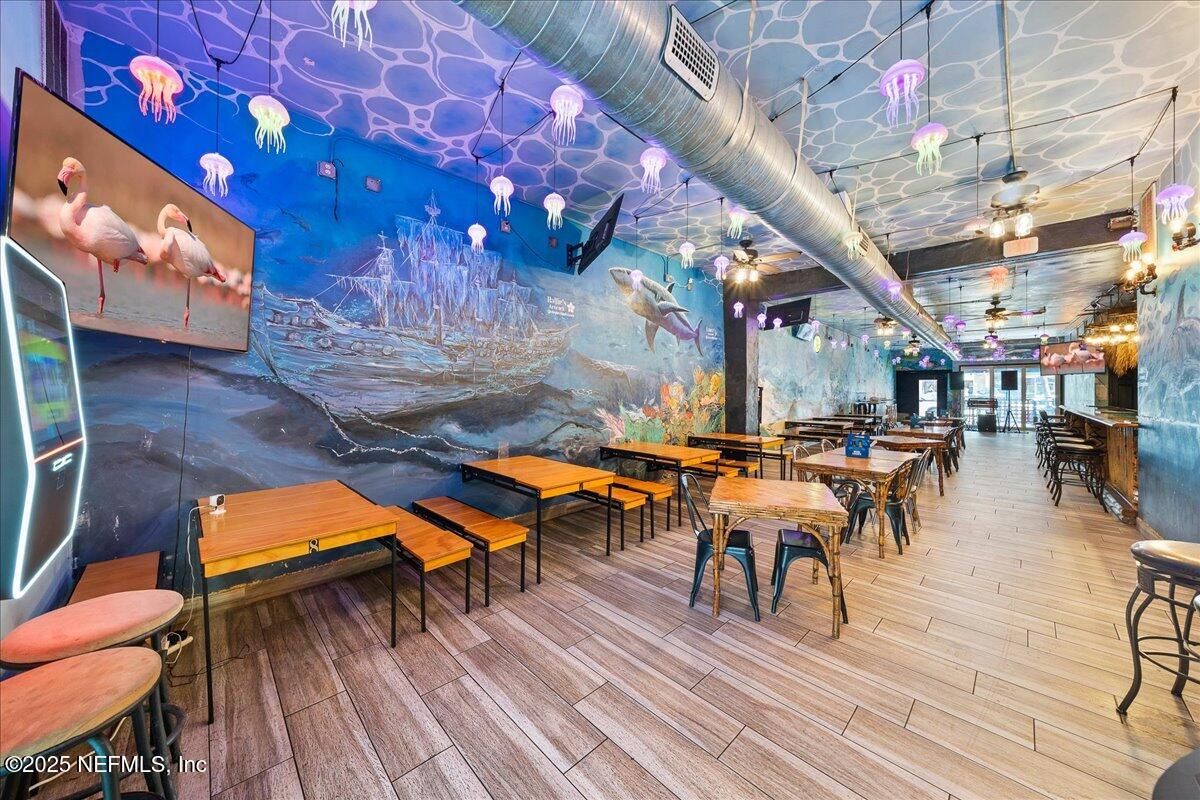 Dining room, Interior, Pendant Lights, Wood Texture Flooring