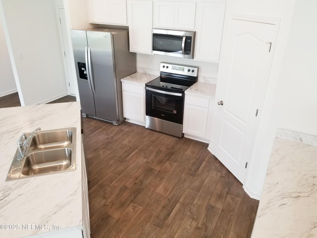 Interior, Kitchen, Marble, Stainless Steel Appliances, Wood Texture Flooring