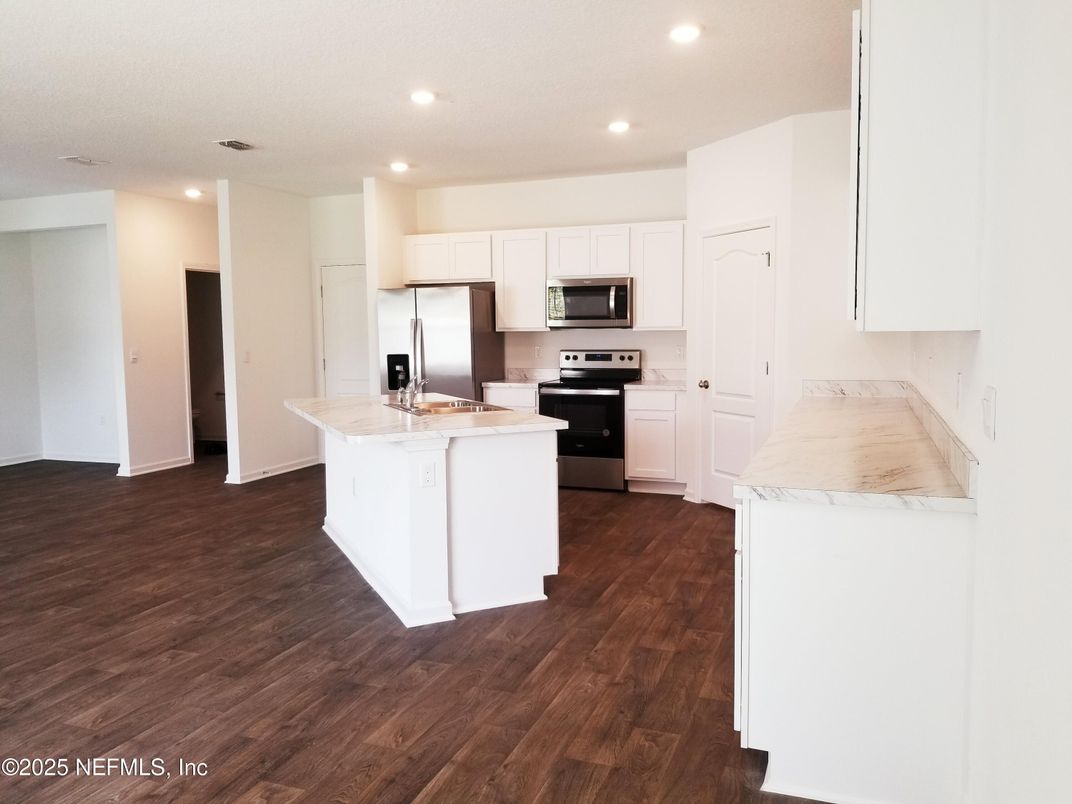 Interior, Kitchen, Recessed Lighting, Stainless Steel Appliances, Wood Texture Flooring
