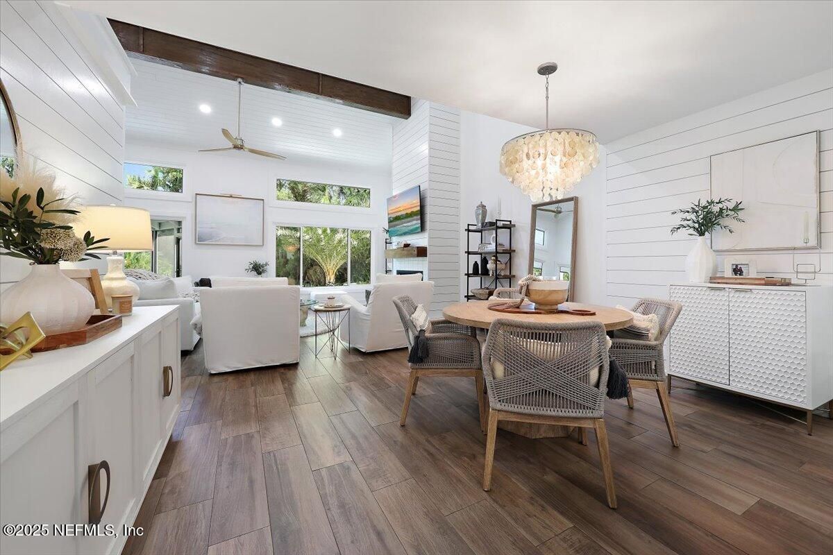 Chandelier, Dining room, Interior, Living room, Recessed Lighting, Wooden Beams, Wood Texture Flooring
