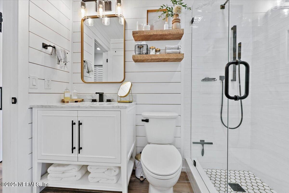 Bathroom, Glass Shower, Interior, Wood Texture Flooring