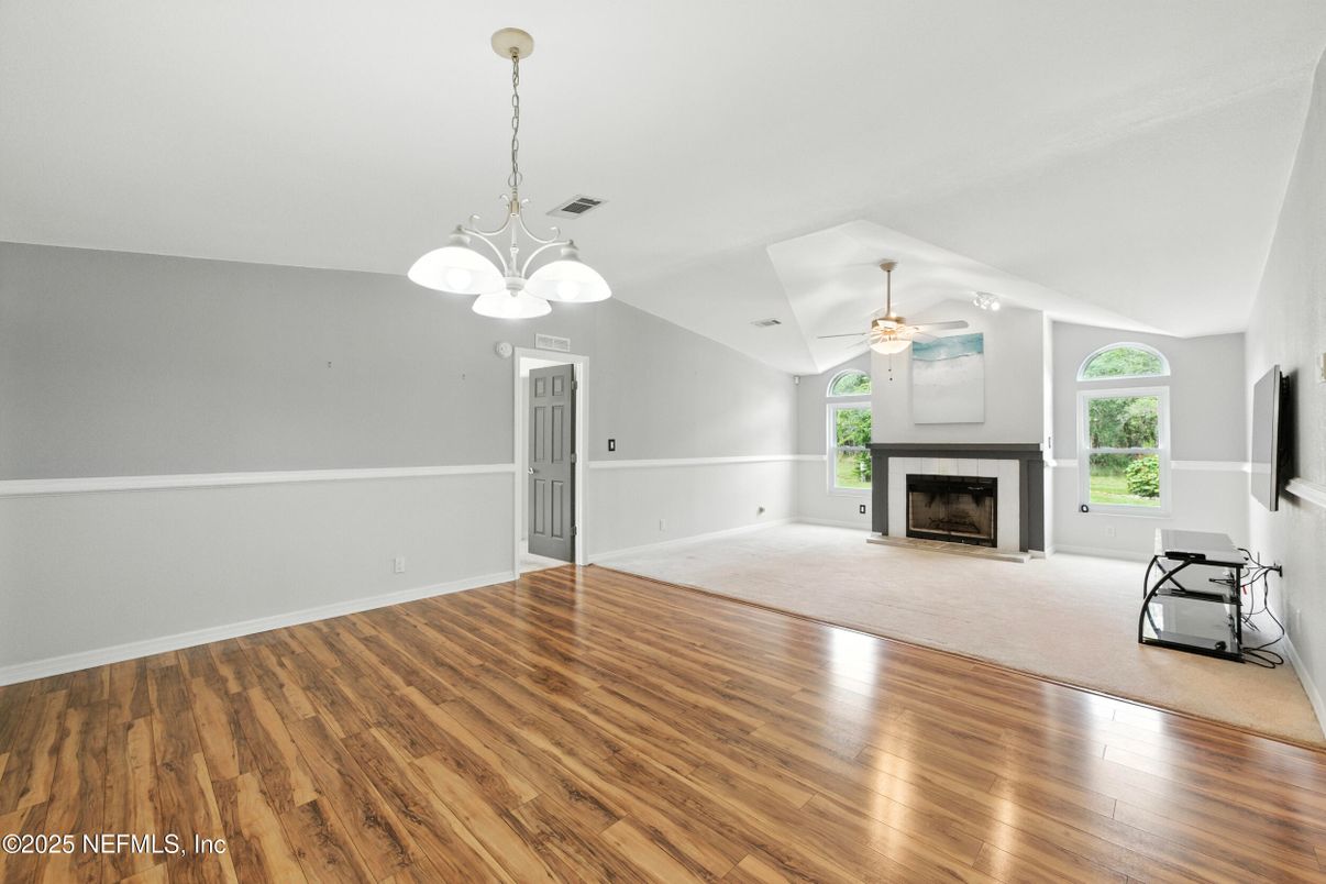 Empty room, Fireplace, Interior, Pendant Lights, Wood Texture Flooring