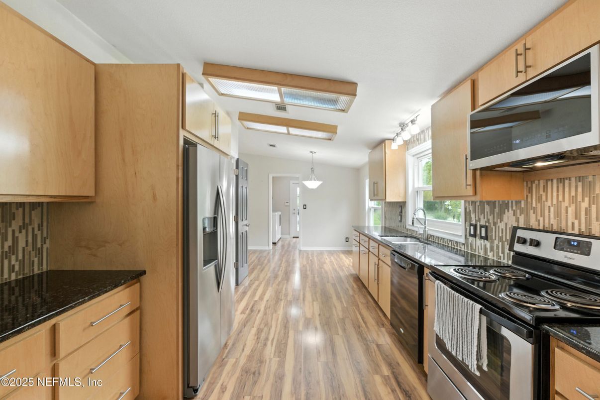 Interior, Kitchen, Pendant Lights, Stainless Steel Appliances, Wood Texture Flooring