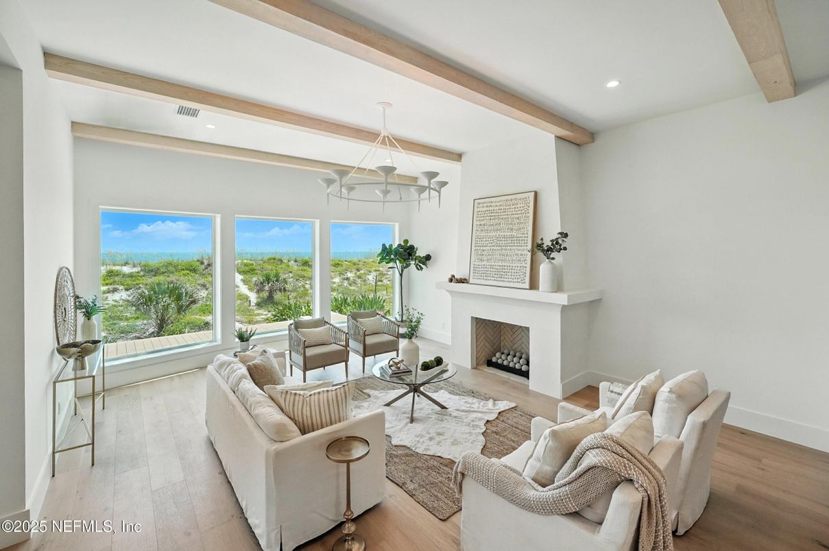 Fireplace, Interior, Living room, Pendant Lights, Recessed Lighting, Wooden Beams, Wood Texture Flooring
