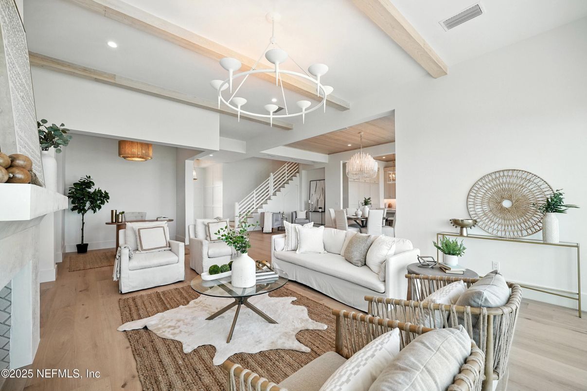 Chandelier, Dining room, Fireplace, Interior, Living room, Recessed Lighting, Wood Texture Flooring