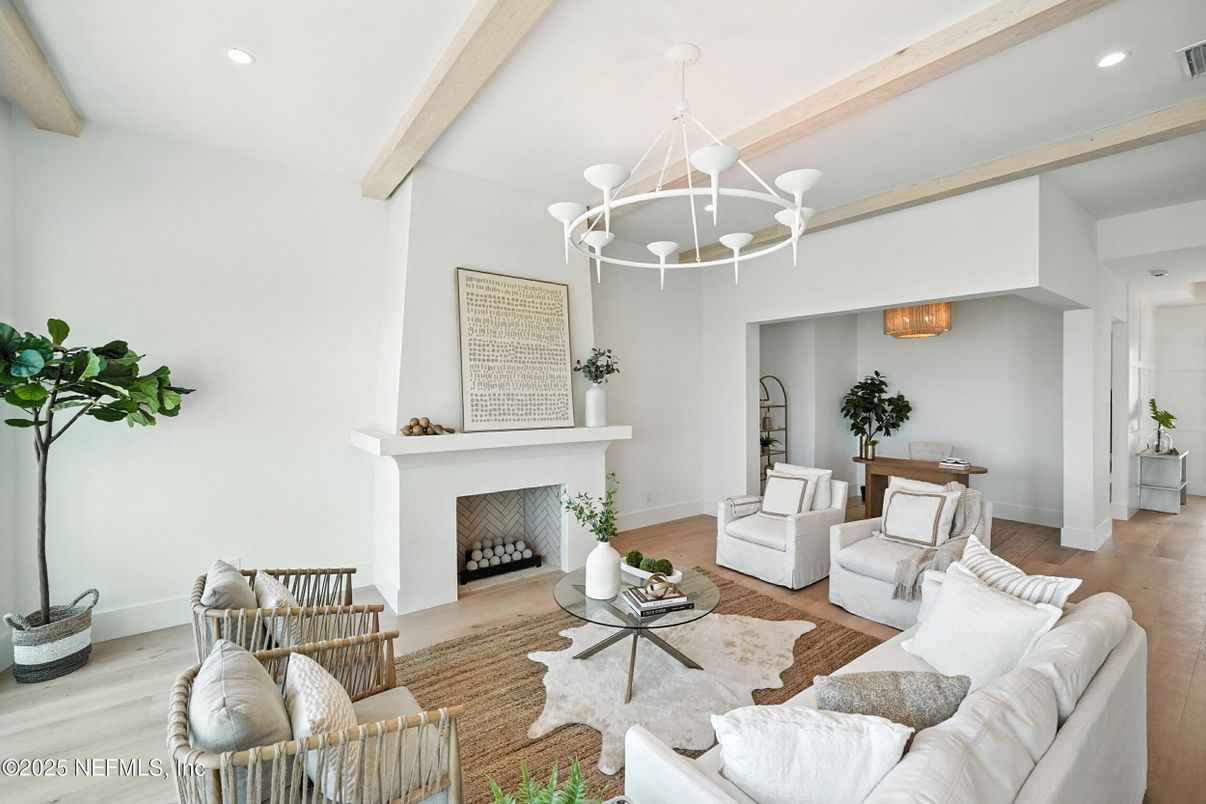 Chandelier, Fireplace, Interior, Living room, Recessed Lighting, Wooden Beams, Wood Texture Flooring