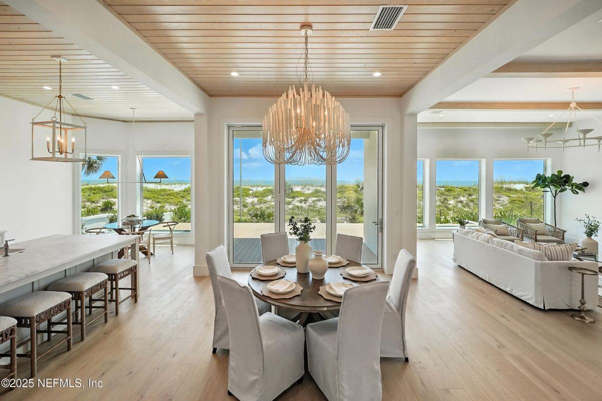 Chandelier, Dining room, Interior, Living room, Pendant Lights, Recessed Lighting, Wooden Ceilings, Wood Texture Flooring