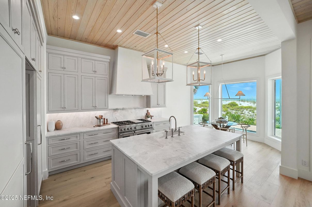 Interior, Kitchen, Pendant Lights, Recessed Lighting, Stainless Steel Appliances, Wooden Ceilings, Wood Texture Flooring