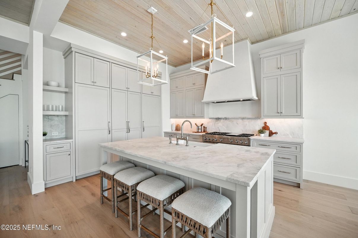 Interior, Kitchen, Pendant Lights, Recessed Lighting, Stainless Steel Appliances, Wooden Ceilings, Wood Texture Flooring