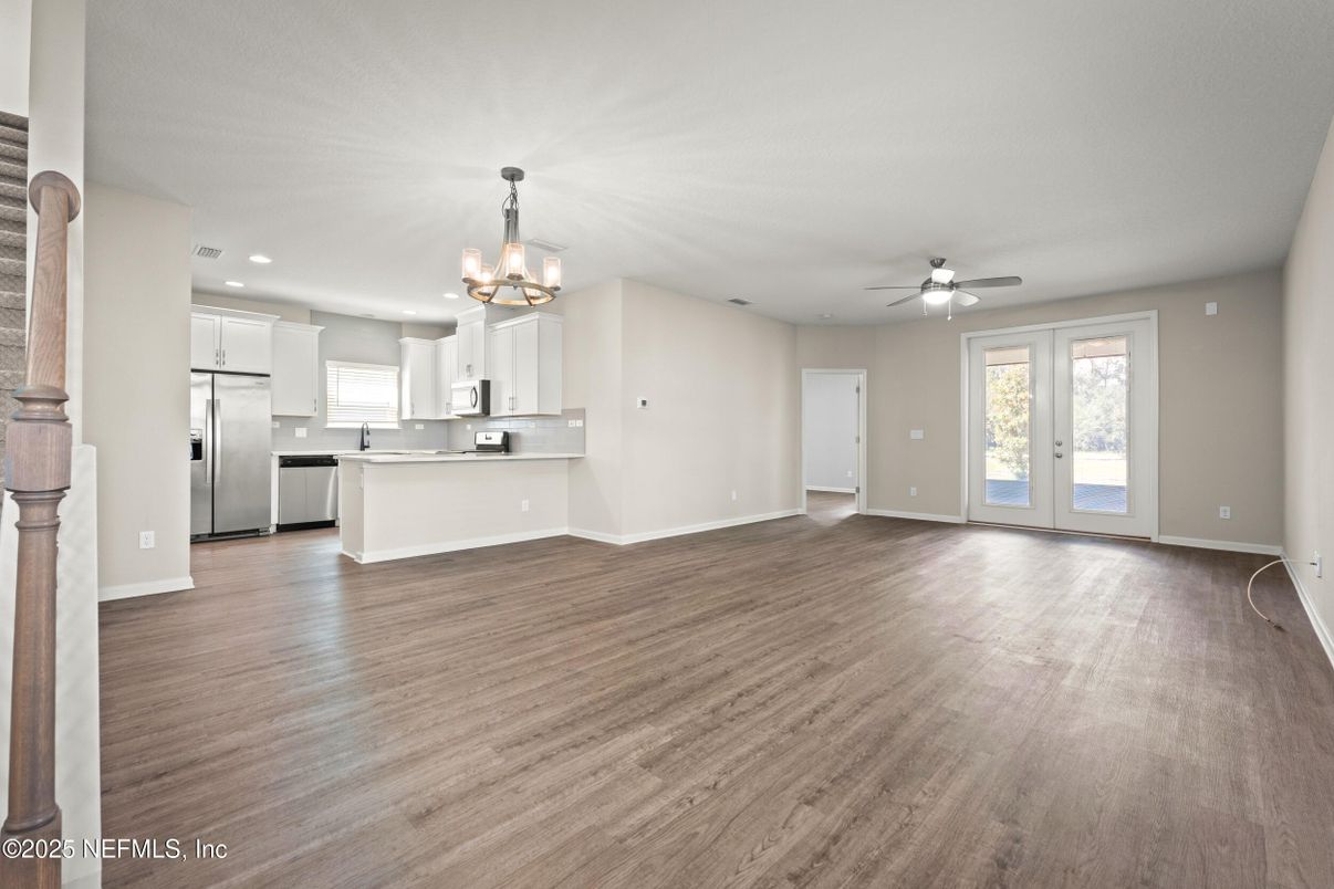 Chandelier, Empty room, Interior, Kitchen, Pendant Lights, Recessed Lighting, Wood Texture Flooring