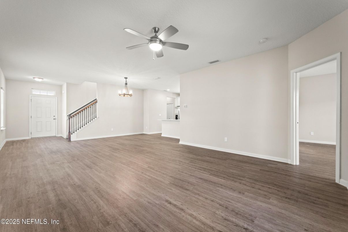 Chandelier, Empty room, Interior, Recessed Lighting, Wood Texture Flooring