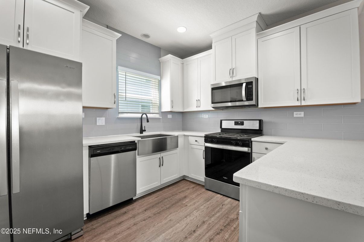 Interior, Kitchen, Recessed Lighting, Stainless Steel Appliances, Wood Texture Flooring