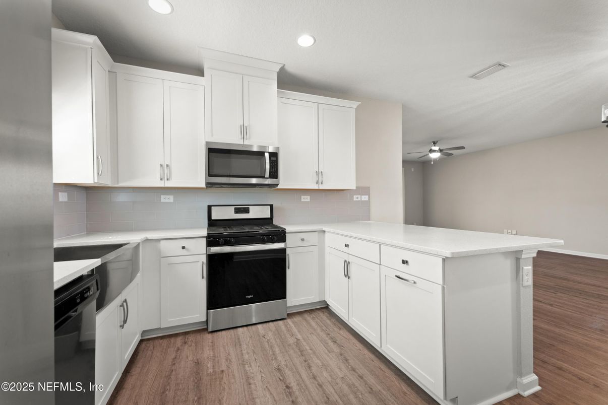 Interior, Kitchen, Recessed Lighting, Stainless Steel Appliances, Wood Texture Flooring