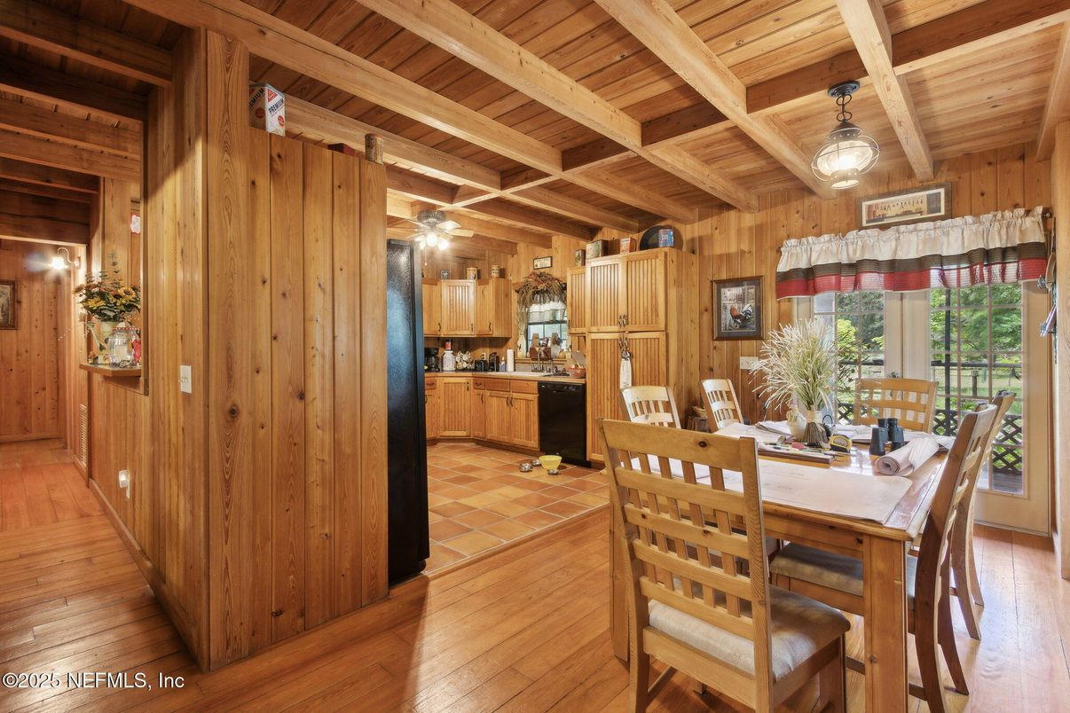 Dining room, Interior, Kitchen, Pendant Lights, Wooden Beams, Wooden Ceilings, Wood Texture Flooring, Wooden Walls