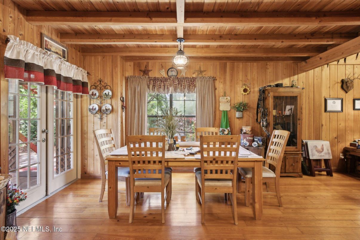 Dining room, Interior, Pendant Lights, Wooden Beams, Wooden Ceilings, Wood Texture Flooring, Wooden Walls