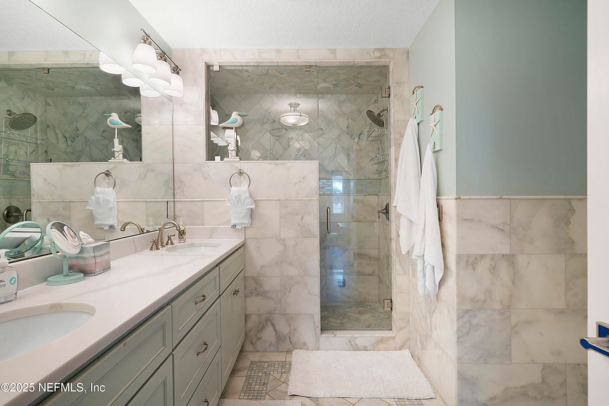 Bathroom, Dual Sink Vanities, Glass Shower, Interior, Marble Walls