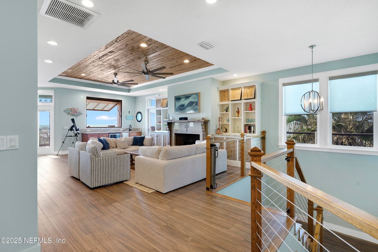 Fireplace, Interior, Living room, Pendant Lights, Recessed Lighting, Wooden Ceilings, Wood Texture Flooring
